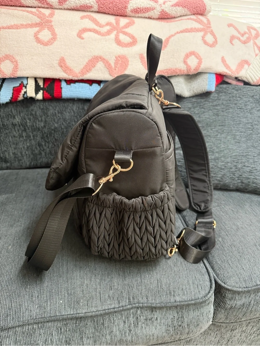 Hannah & Sophia Black Quilted Diaper Bag Backpack Black and Gold